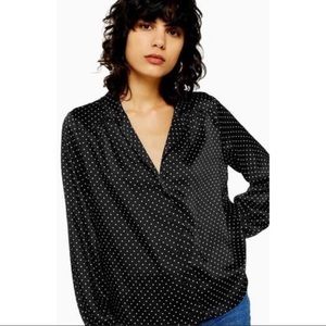 Topshop Sz 14 Black Polkadot Long sleeve Blouse